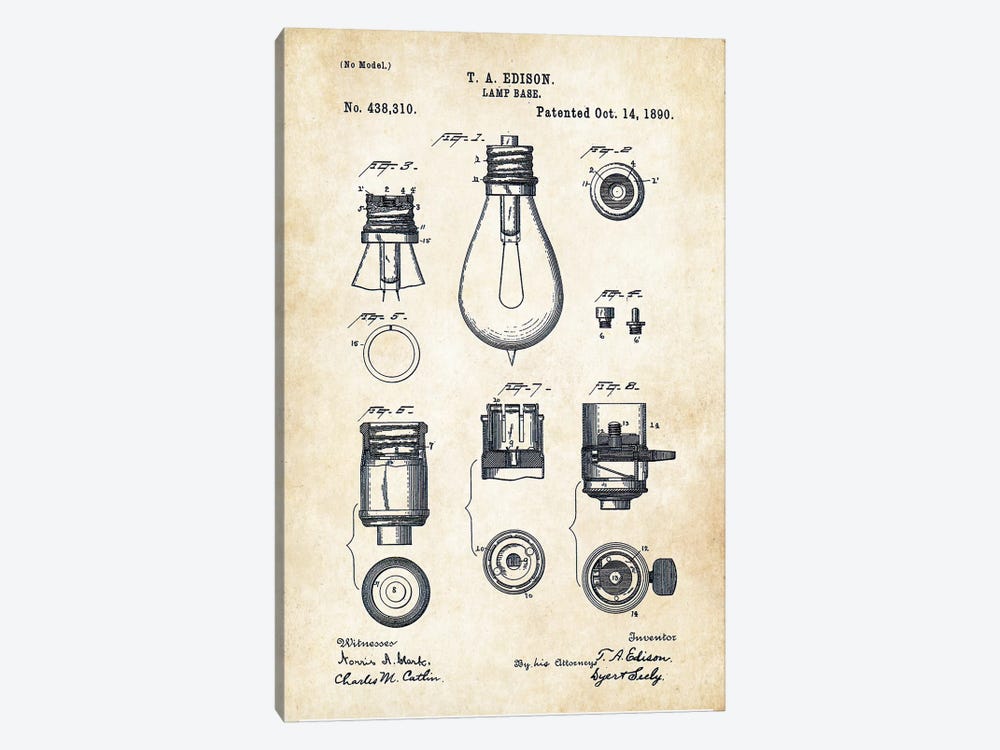 Thomas Edison Lamp by Patent77 1-piece Canvas Art