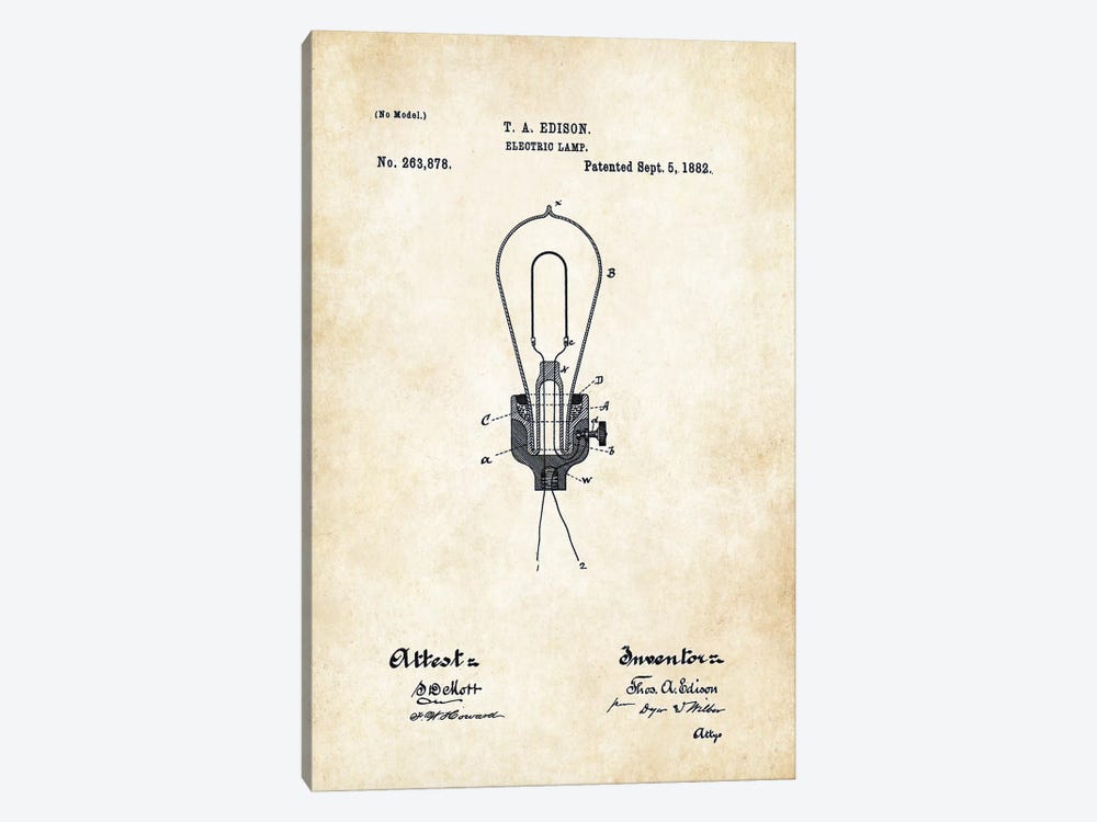 Thomas Edison Light Bulb by Patent77 1-piece Canvas Print