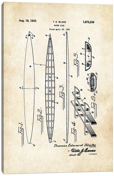 Tom Blake Surfboard (1932) Canvas Art Print - Patent77