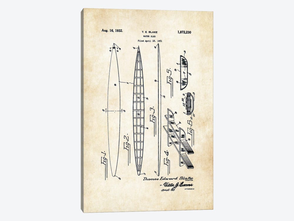 Tom Blake Surfboard (1932) by Patent77 1-piece Art Print
