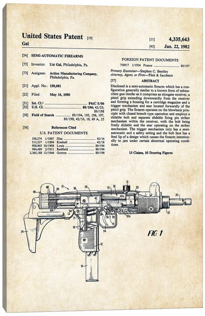 Uzi Submachine Gun Canvas Art Print - Patent77