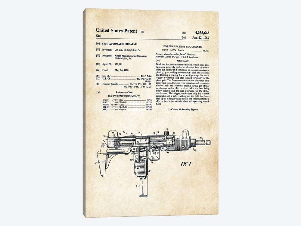 Uzi Submachine Gun by Patent77 1-piece Canvas Artwork