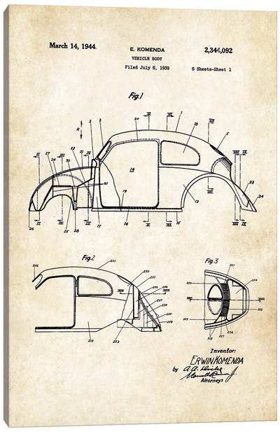 Volkswagen Beetle Canvas Art Print - Automobile Blueprints