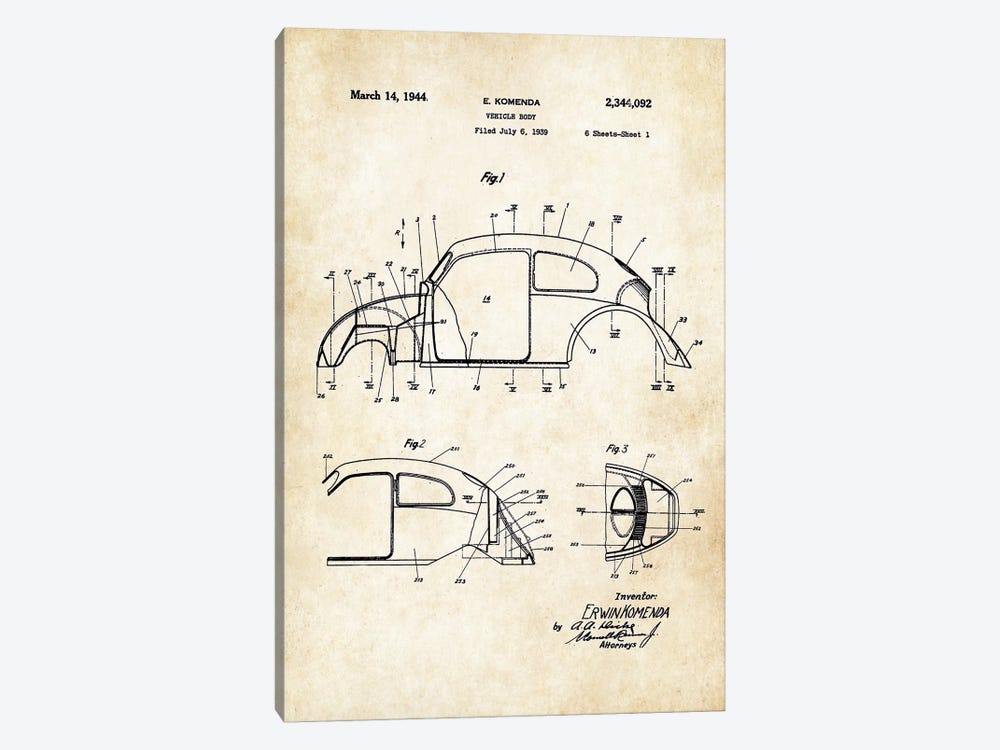 Volkswagen Beetle by Patent77 1-piece Canvas Art Print