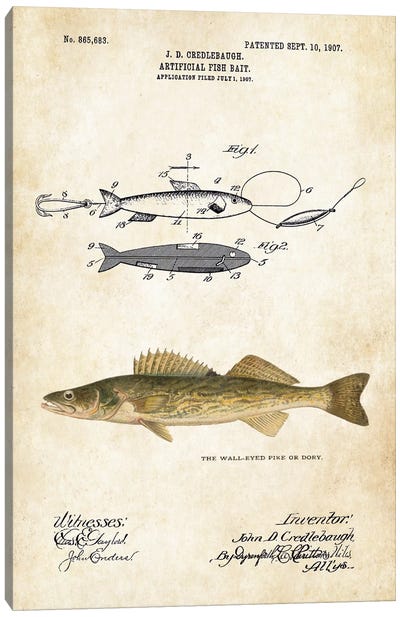 Walleye Dory Fishing Lure Canvas Art Print - Patent77