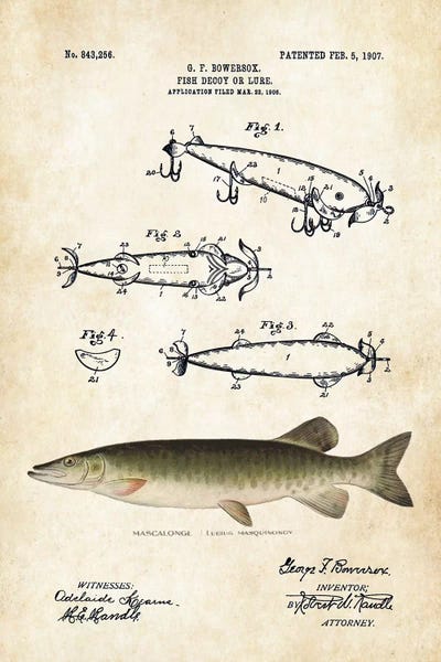 Walleye Muskie Fishing Lure by Patent77 framed canvas print