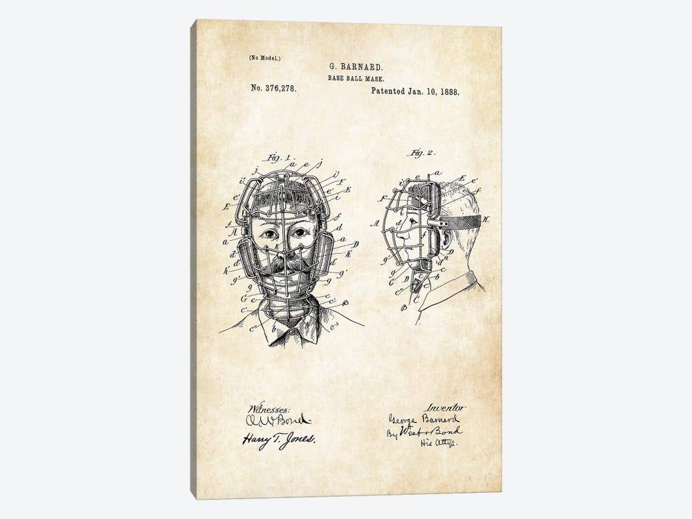 Baseball Catcher Mask by Patent77 1-piece Canvas Art Print
