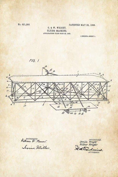 Wright Brothers Airplane by Patent77 wall art