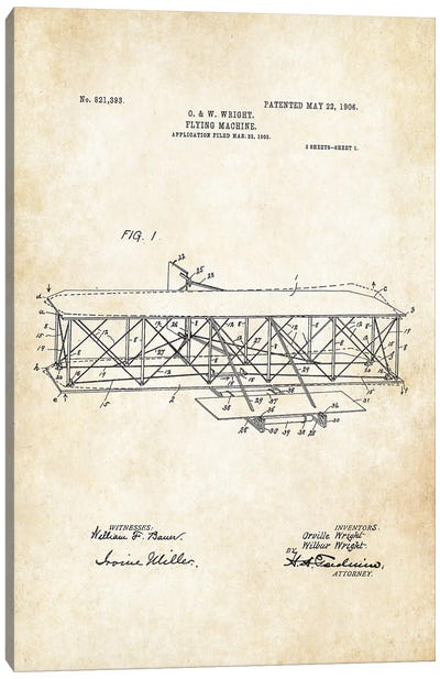 Wright Brothers Airplane Canvas Art Print - Blueprints & Patent Sketches