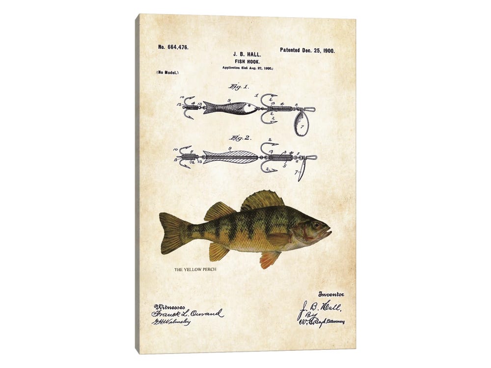iCanvas Yellow Perch Fishing Lure Art by Patent77 Canvas Art Wall Decor ( Sports > Fishing art) - 18x12 in