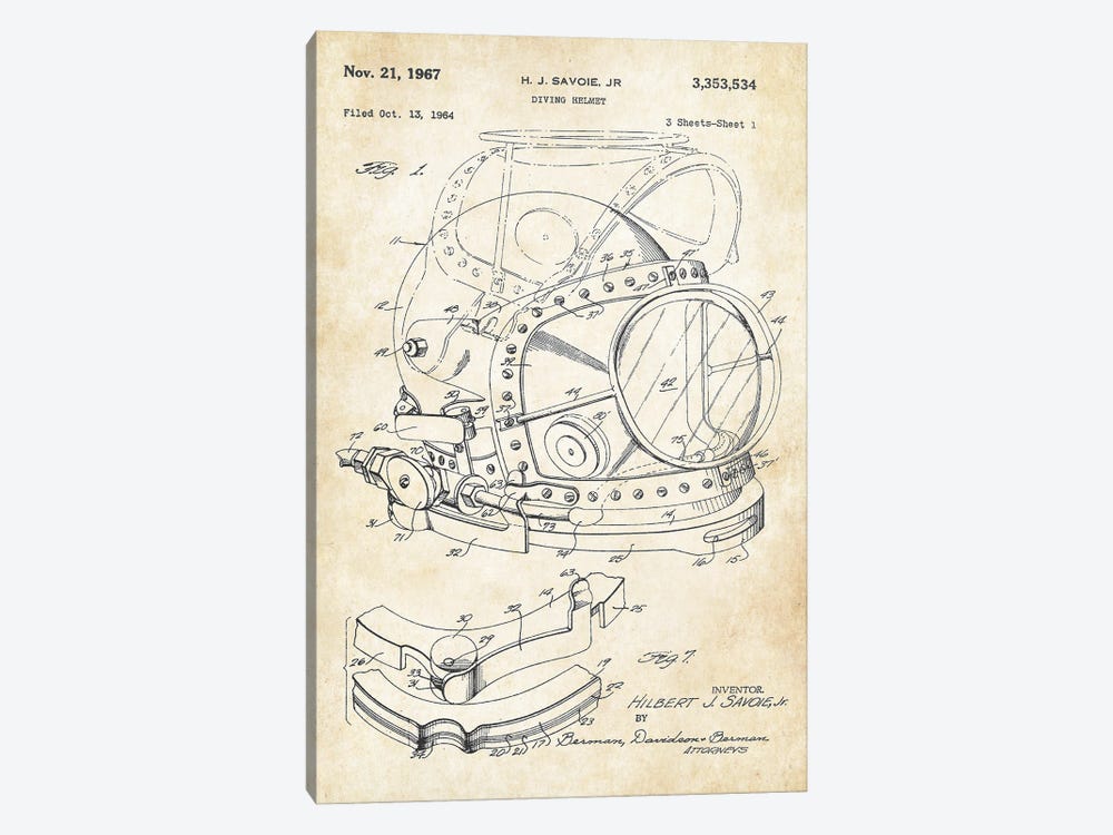 Diving Helmet by Patent77 1-piece Canvas Art