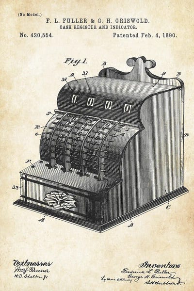 Vintage Cash Register by Patent77 framed wall art