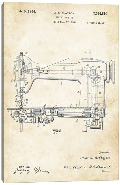 Sewing Machine Vintage Canvas Art Print - Patent77