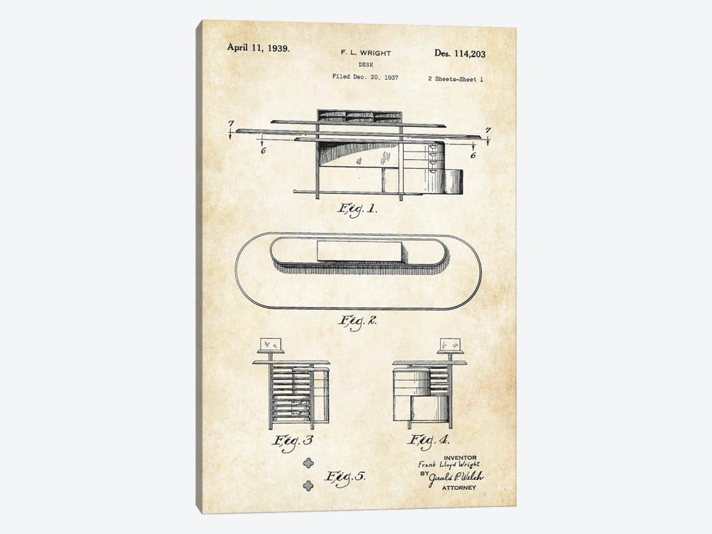 Frank Lloyd Wright Desk by Patent77 1-piece Canvas Print