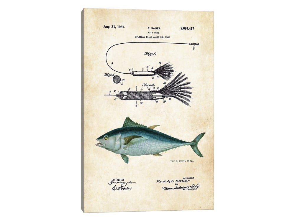 iCanvas Bluefin Tuna Fishing Lure Art by Patent77 Canvas Art Wall Decor ( Sports > Fishing art) - 18x12 in