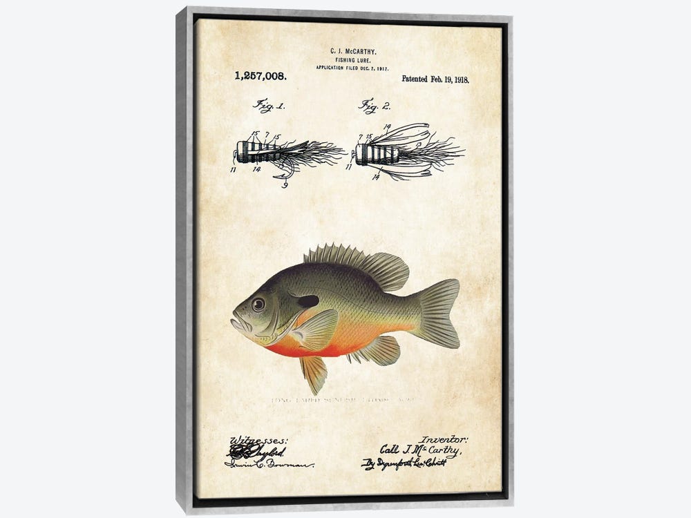 Framed Canvas Art - Bluegill Sunfish Fishing Lure by Patent77 ( Sports > Fishing art) - 26x18 in