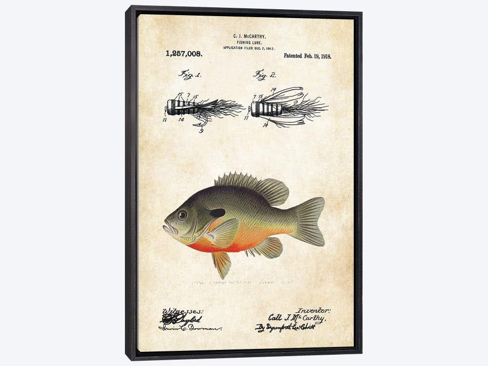 Framed Canvas Art - Bluegill Sunfish Fishing Lure by Patent77 ( Sports > Fishing art) - 26x18 in