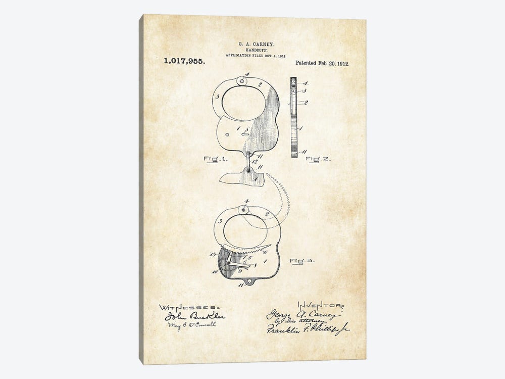 Handcuffs 1912 by Patent77 1-piece Canvas Art Print