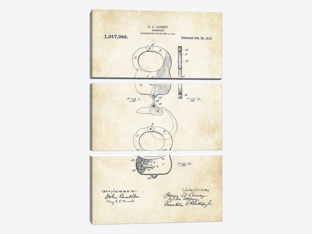 Handcuffs 1912 by Patent77 3-piece Art Print