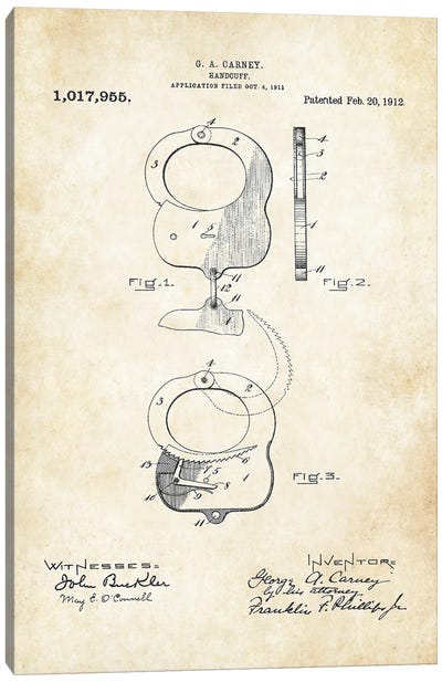Handcuffs 1912 Canvas Art Print - Patent77