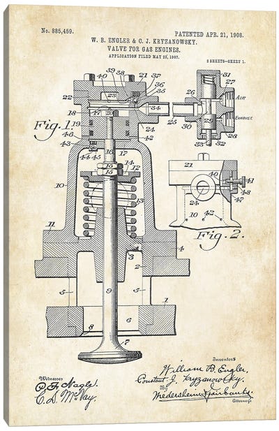 Gas Engine Valve Canvas Art Print - Patent77