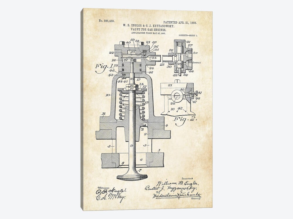 Gas Engine Valve by Patent77 1-piece Canvas Wall Art