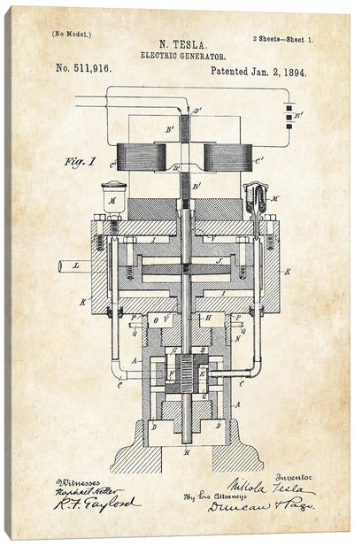 Nikola Tesla Generator I Canvas Art Print - Patent77