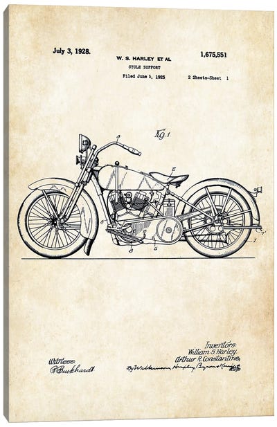 1928 Harley Davidson Motorcycle Canvas Art Print - Blueprints & Patent Sketches