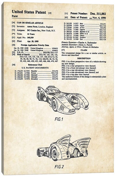 1989 Batmobile Canvas Art Print - Patent77