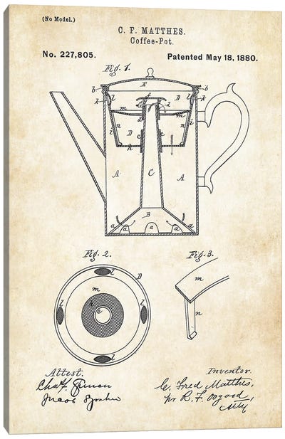 Coffee Pot Canvas Art Print - Household Goods Blueprints