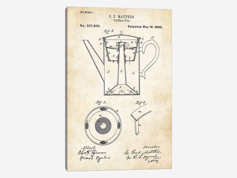 Coffee Pot by Patent77 1-piece Canvas Art Print