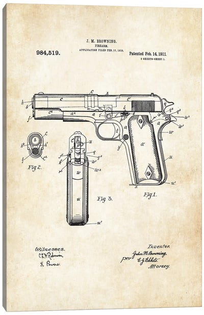 Colt 1911 Pistol Canvas Art Print - Blueprints & Patent Sketches