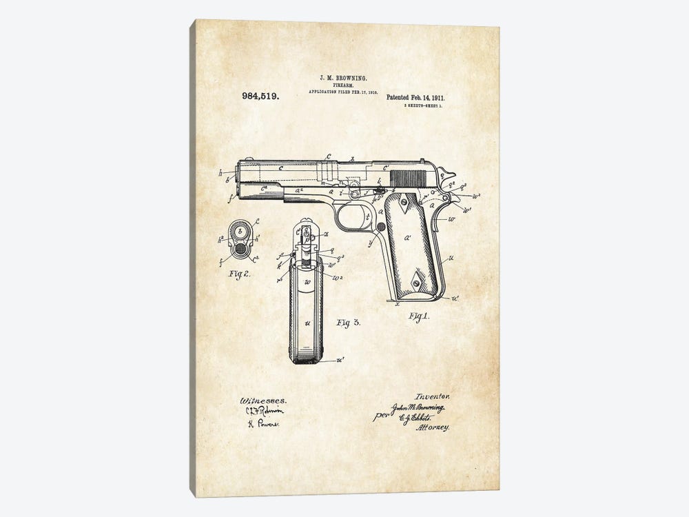 Colt 1911 Pistol by Patent77 1-piece Canvas Print