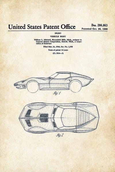 Corvette Mako Shark (1966) by Patent77 framed canvas print