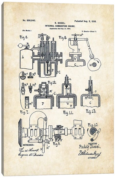 Diesel Engine (1898) Canvas Art Print - Engineering & Machinery Blueprints