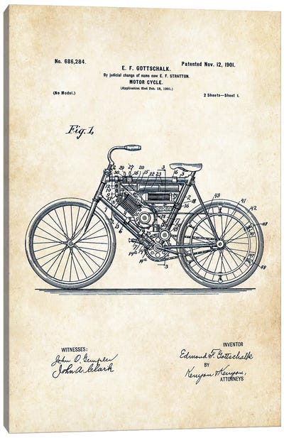 Early Motorcycle (1901) Canvas Art Print - Motorcycle Blueprints