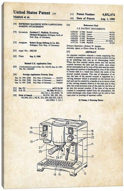 Esperesso and Cappucino Machine Canvas Art Print - Patent77