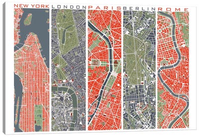 Five Cities Canvas Art Print - Paris Maps