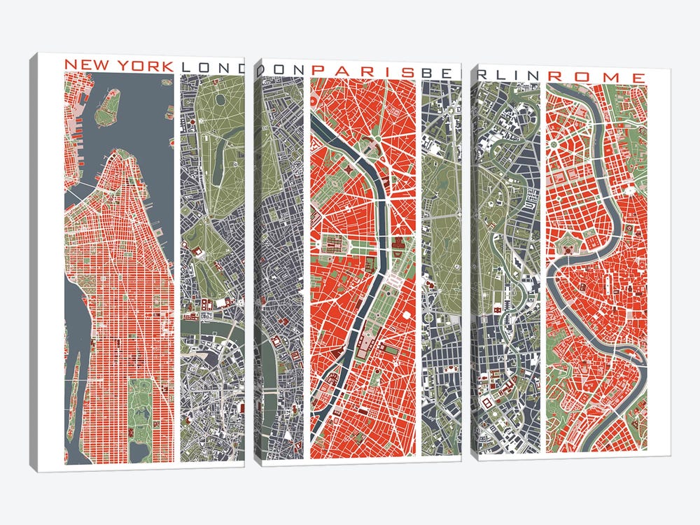 Five Cities by Planos Urbanos 3-piece Canvas Art