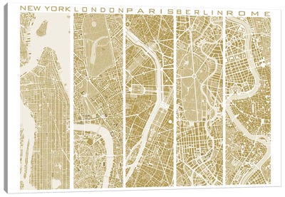 Five Cities Gold Canvas Art Print - Paris Maps