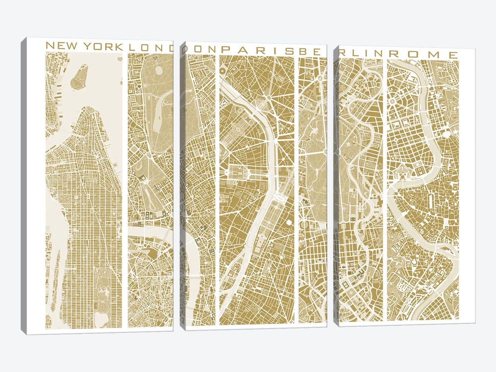 Five Cities Gold by Planos Urbanos 3-piece Canvas Art Print