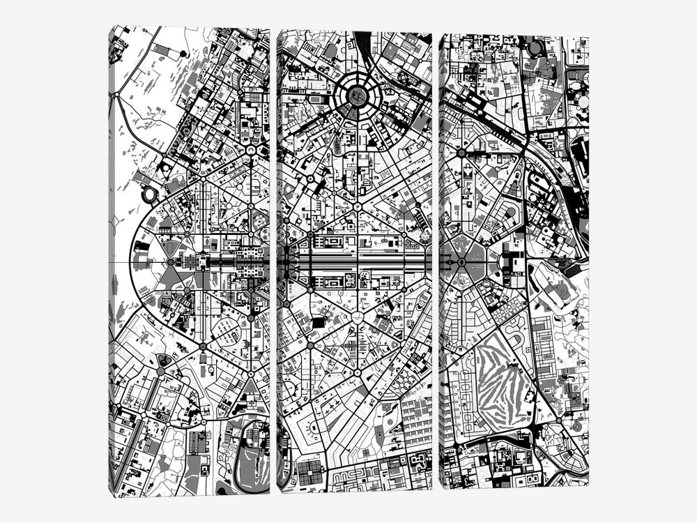 New Delhi Black And White by Planos Urbanos 3-piece Canvas Art Print