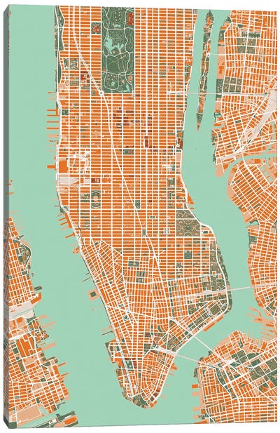 New York City Orange Canvas Art Print - Urban Maps