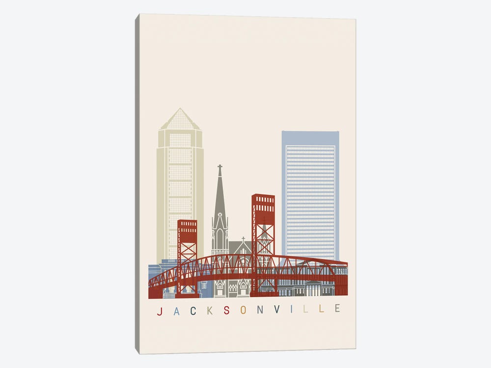 Jacksonville Skyline Poster by Paul Rommer 1-piece Canvas Art Print