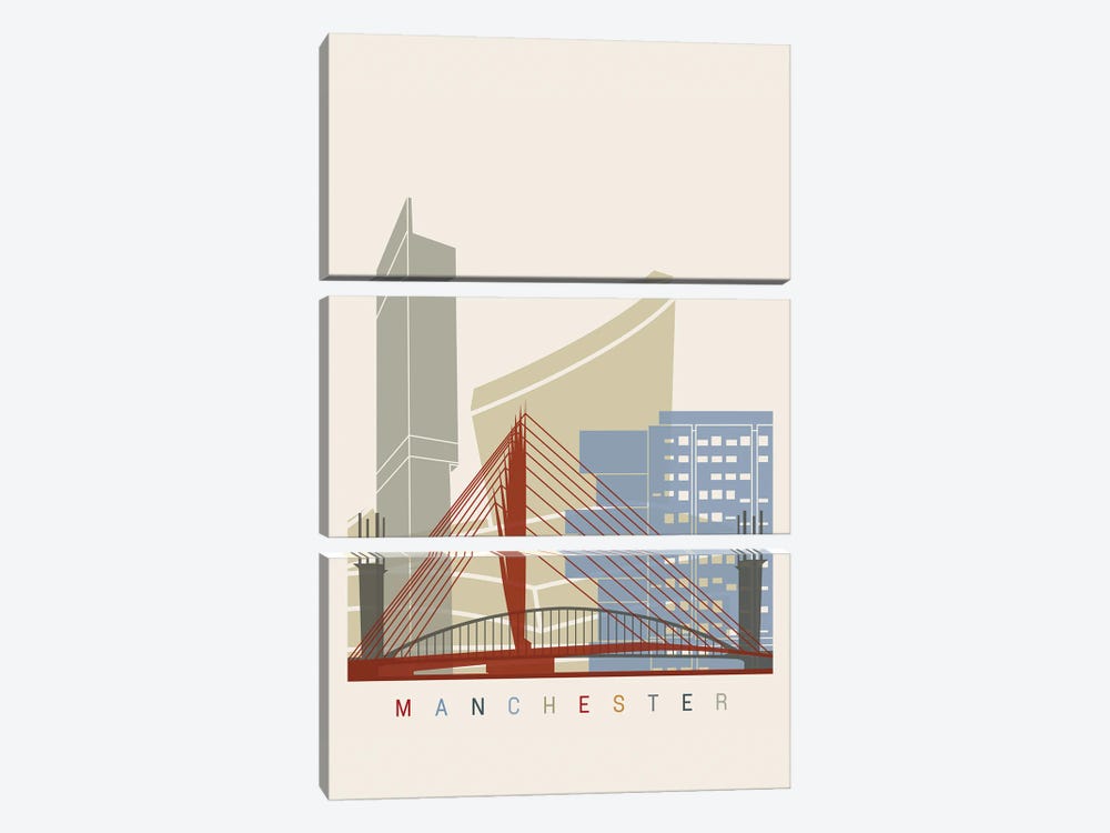 Manchester Skyline Poster by Paul Rommer 3-piece Canvas Art