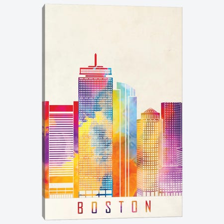 Boston Landmarks Watercolor Poster Canvas Print #PUR107} by Paul Rommer Canvas Artwork
