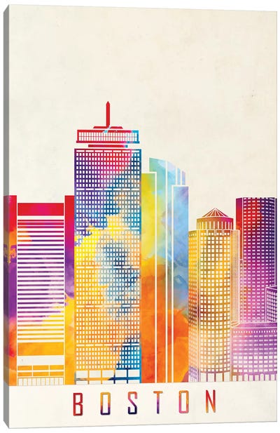 Boston Landmarks Watercolor Poster Canvas Art Print - Boston Skylines