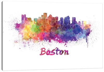 Boston Skyline In Watercolor Canvas Art Print - Massachusetts Art