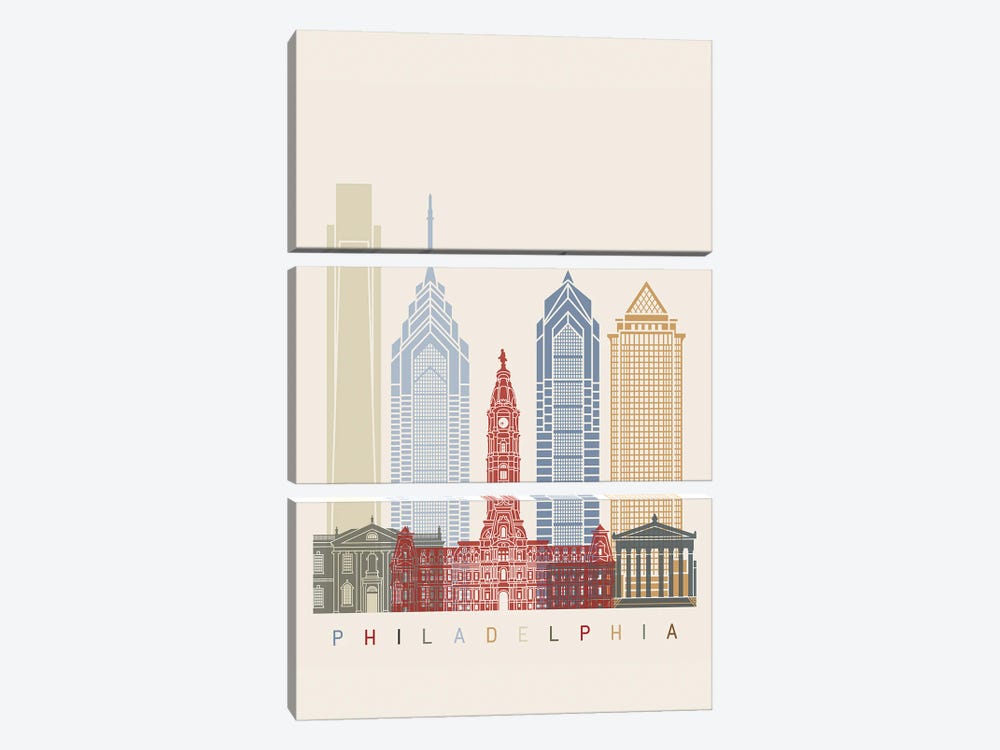 Philadelphia Skyline Poster by Paul Rommer 3-piece Canvas Artwork