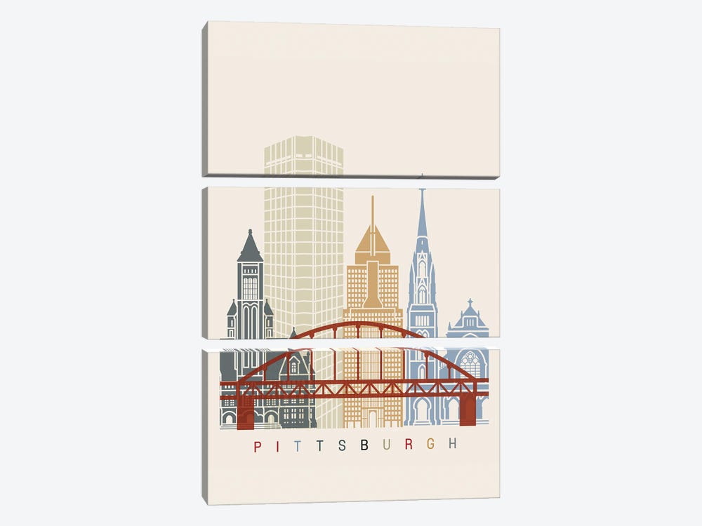 Pittsburgh II Skyline Poster by Paul Rommer 3-piece Canvas Art